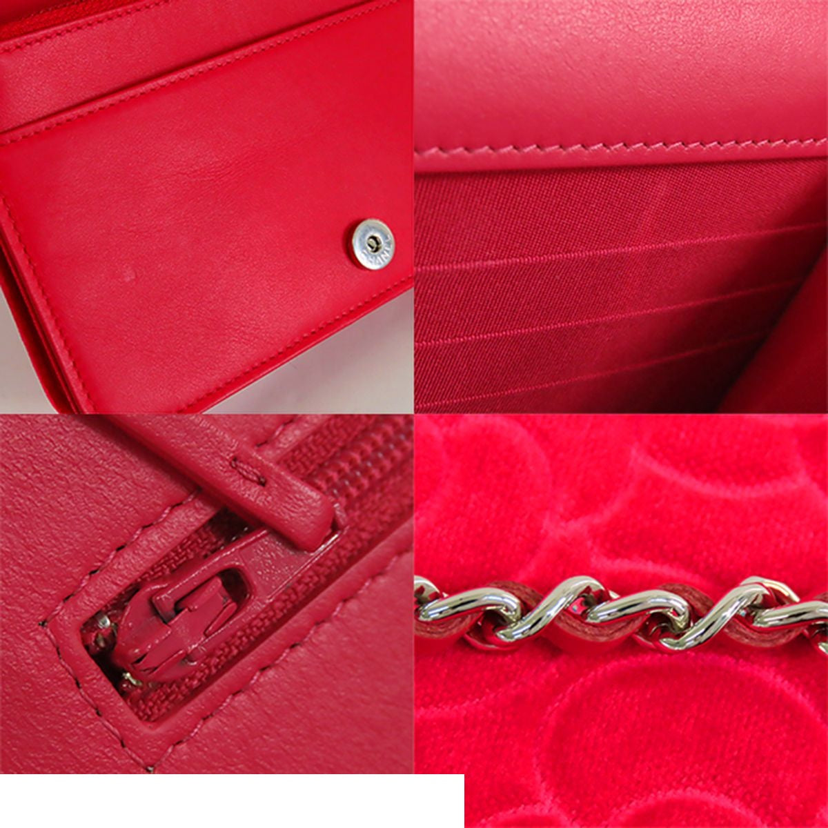 Chanel Camellia Wallet Chain Red Pink Silver Velour Leather Shoulder Bag — view 8