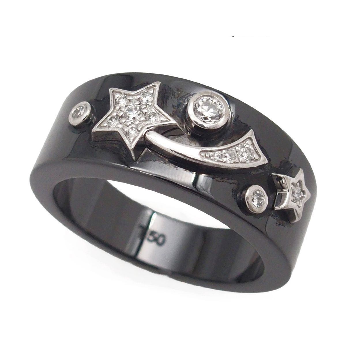 Chanel Cosmic Comet Ring Black White Gold Ceramic 18K Star Pave Diamond