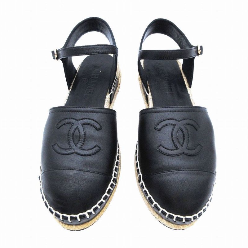Chanel Coco Mark 20s Leather Sandals Women's Black G36184 Espadrilles Size 23cm