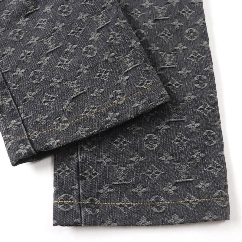 Louis Vuitton 100% Cotton Monogram Denim Pants With Logo Button Indigo Black 38