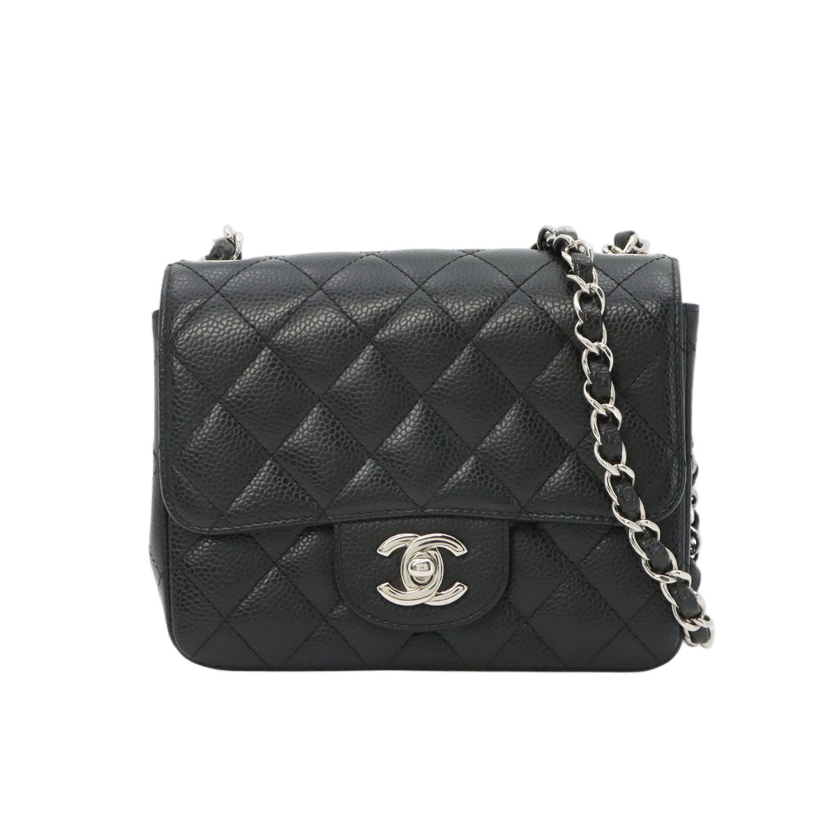 Chanel Mini Quilted Chain Shoulder Bag Caviar Leather Black Silver