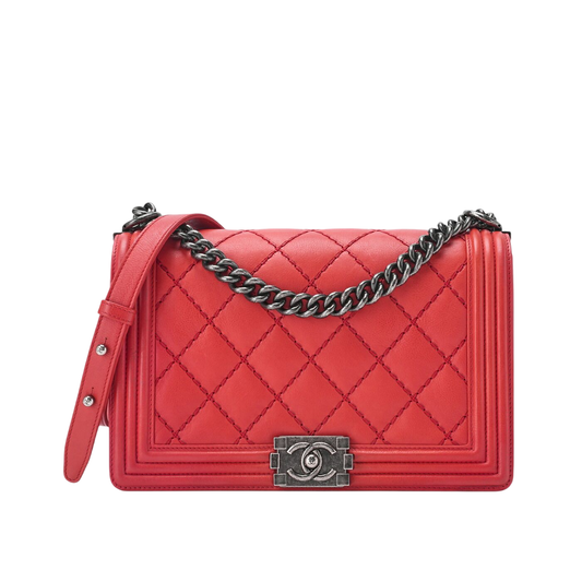 Chanel Boy Chanel Large Size Matelasse Chain Shoulder Bag Calfskin Red (silver