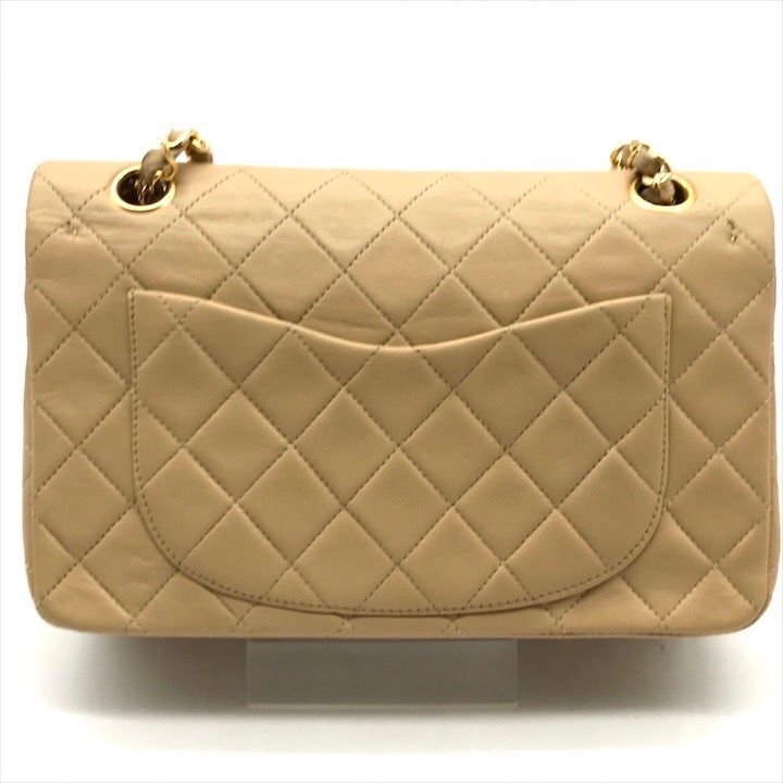 Chanel CC Logo Quilted Double Flap Chain Lambskin Shoulder Bag Beige