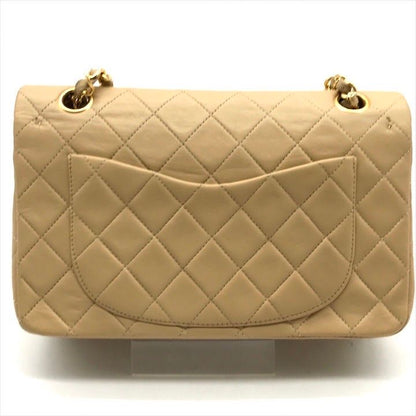 Chanel CC Logo Quilted Double Flap Chain Lambskin Shoulder Bag Beige