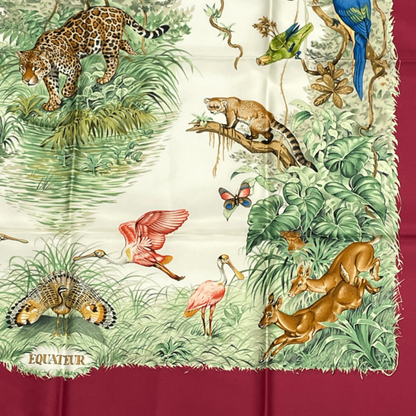 Hermes Scarf Carre 90 Equateur Equatorial Animals Birds All Over Silk Red
