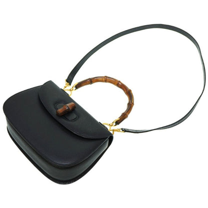 Gucci Bamboo Leather 2WAY Shoulder Hand Bag Black Gold Hardware With Shoulder