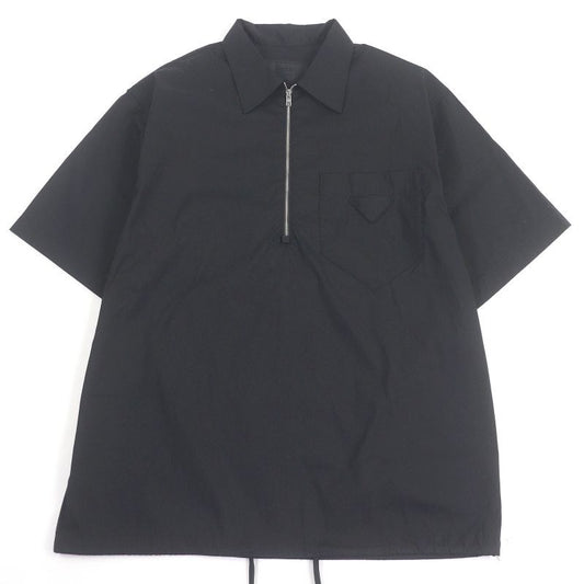 Prada 24 SS Sc763 Half Zip Triangle Motif Cotton Blend Short Sleeve Shirt Black