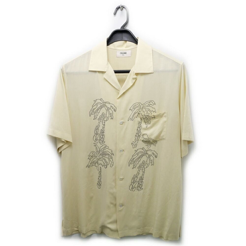Celine Palm Tree Embroidery Bijou Short Sleeve Shirt Beige 38 Top