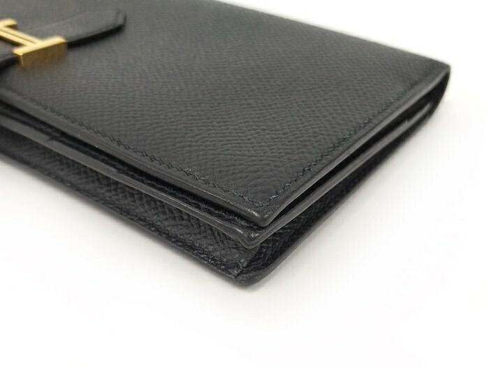 Hermes Bearn Souffle Folding Long Wallet Vaux Epson Leather Black Stamped D