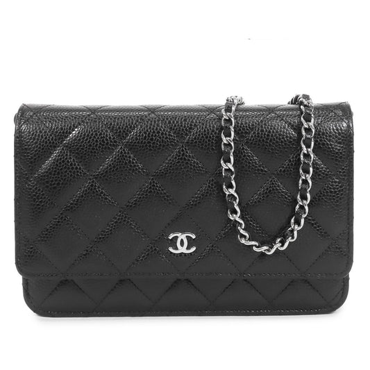 Chanel Chain Black Silver Caviar Leather Quilted Wallet Pochette Shoulder Bag