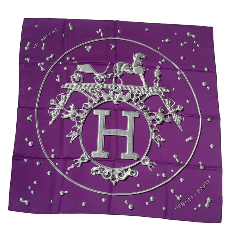 Hermes Carre 90 VIF Argent Silver Drop Orange Silk Scarf With Purple Box