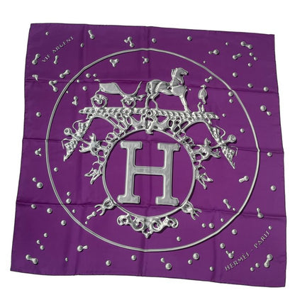 Hermes Carre 90 VIF Argent Silver Drop Orange Silk Scarf With Purple Box