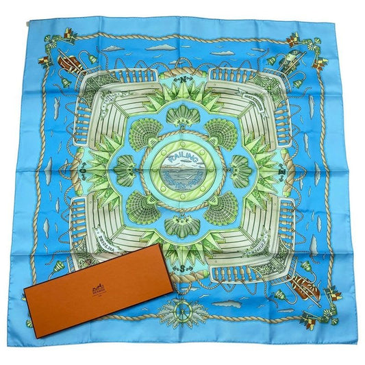 Hermes Carre 90 Scarf Silk Railing Ship Handrail Blue Box