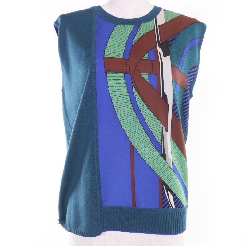 Hermes 100% Silk Wool Twill Raine Sleeveless Knit Top Blue Green 38