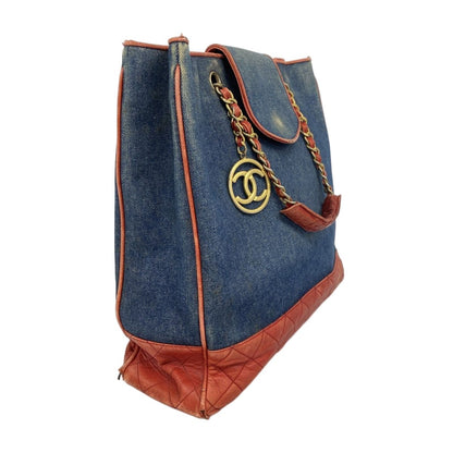 Chanel Chain Tote Quilted Lambskin Denim Blue Red Gold — view 2