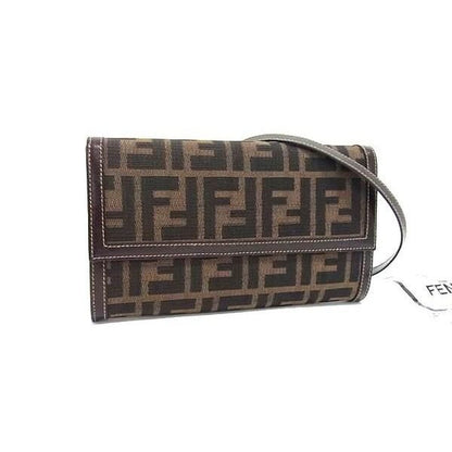 Fendi Zucca Pattern Canvas Leather Wallet Shoulder Crossbody Brown