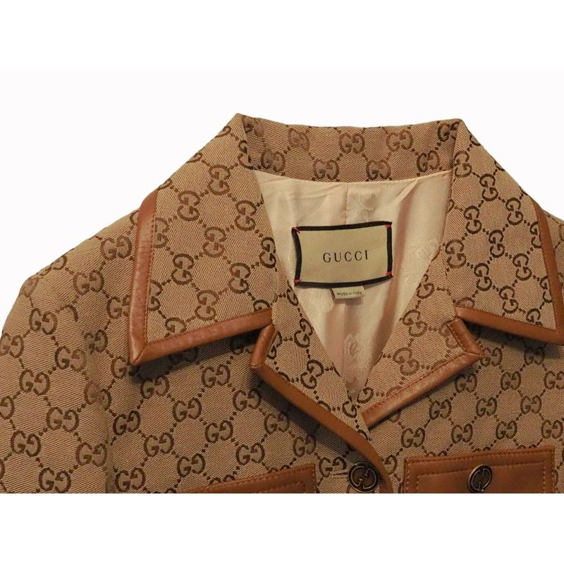 Gucci GG Canvas Jacket Web Stripe with Belt Women's Outerwear Leather Trim