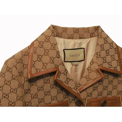 Gucci GG Canvas Jacket Web Stripe with Belt Women's Outerwear Leather Trim