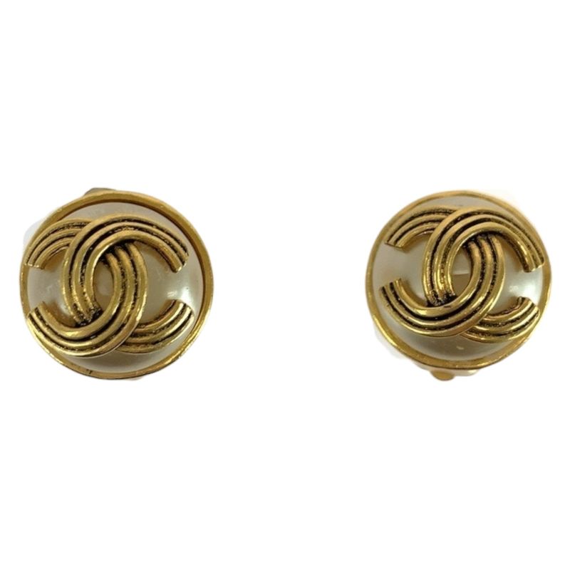 Chanel Faux Pearl Coco Mark Gold White Plated/faux Pearl Earrings 94 A Engraved