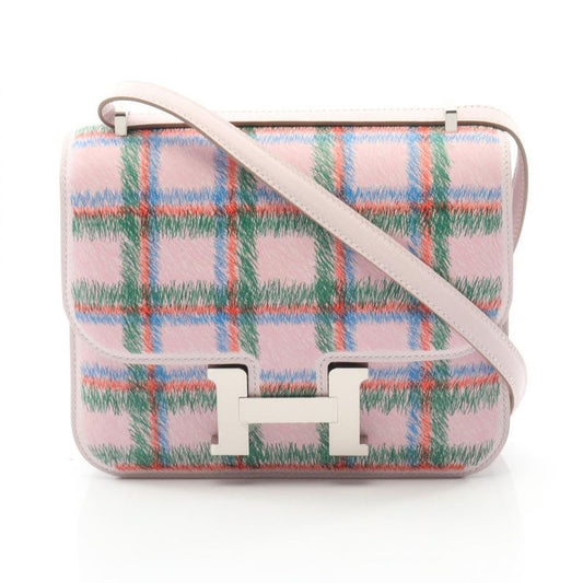 Hermes Shoulder Bag Constance 3 Mini Tartan Mauve Pale Leather