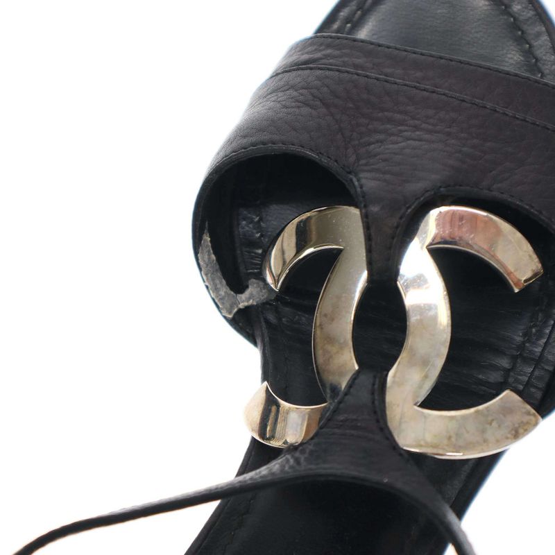 Chanel Coco Mark Wood Heel Sandals Black 36 1 2