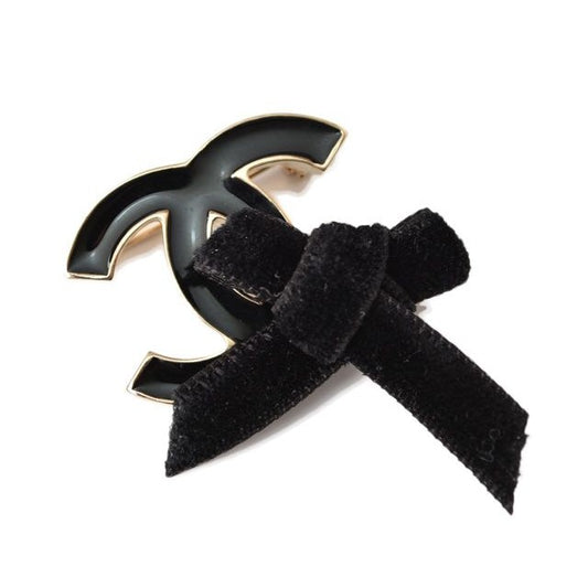Chanel Brooch Pin Ribbon Motif Gold Black