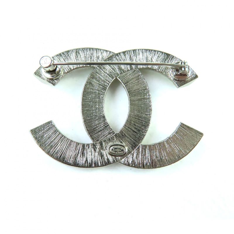 CHANEL A23V A63085 Rhinestone Coco Mark Brooch Accessory Silver With Box And