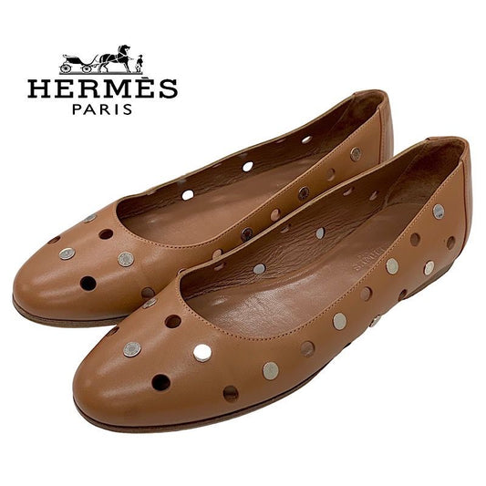 Hermes Flat Shoes Leather Brown Silver Punching Serie Button