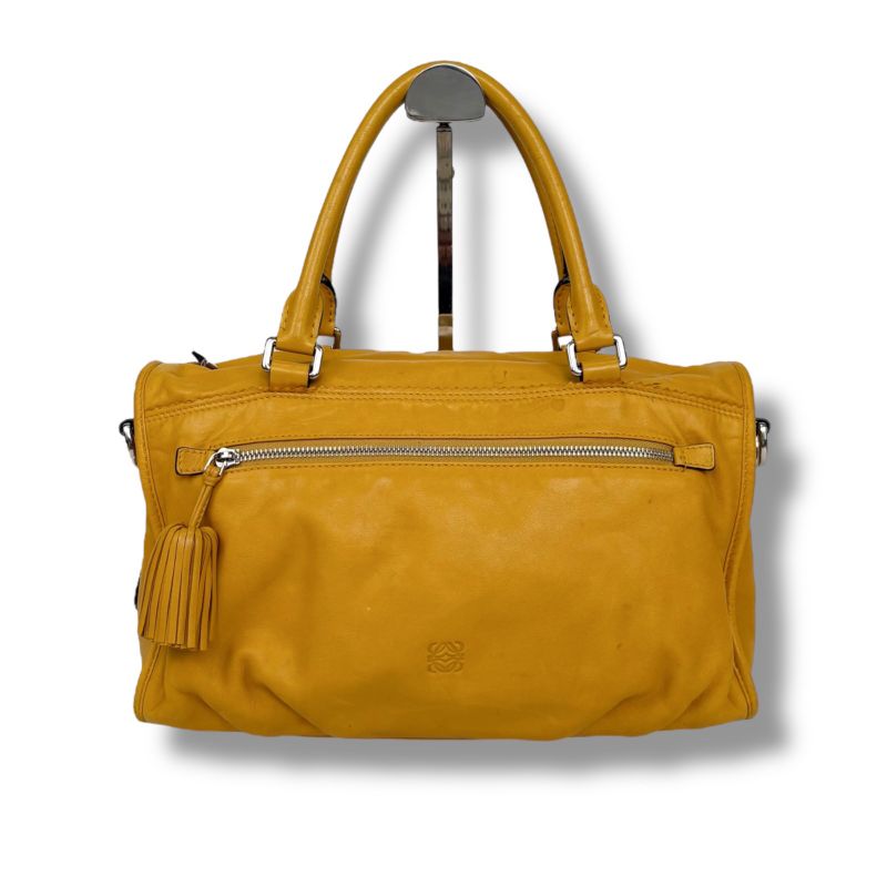 Loewe 2WAY Shoulder Bag Handbag Tassel Charm Fringe Anagram Logo Yellow Silver