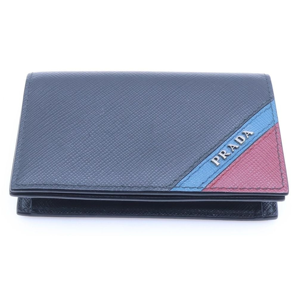 Prada Saffiano Logo Business Card Holder Coin Case Black Bold-blue