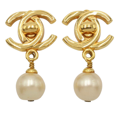 Chanel Faux Pearl Turnlock Swing Earrings