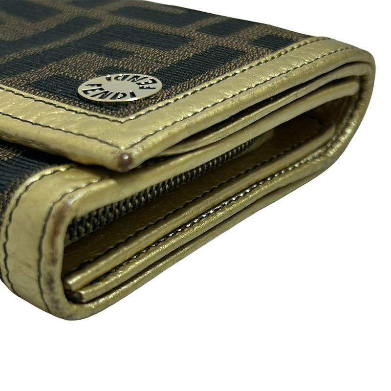 Fendi Bifold Wallet In Zucca Pattern 8m0029 Beige Dark Brown And Gold Leather