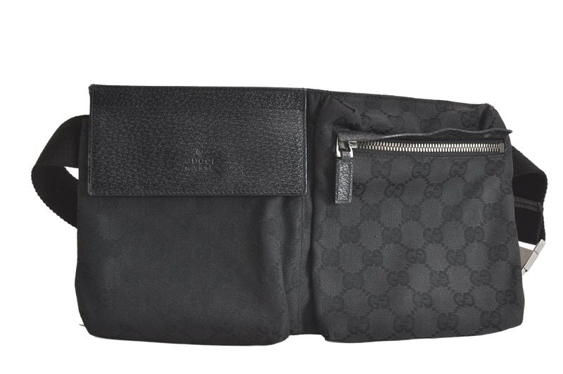 Gucci Vintage Waist Body Bag Wallet GG Canvas Leather 28566 Black 3064n
