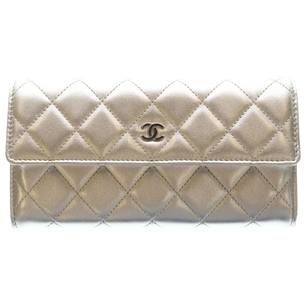 Chanel Quilted Wallet Card Case Metal Silver Lambskin
