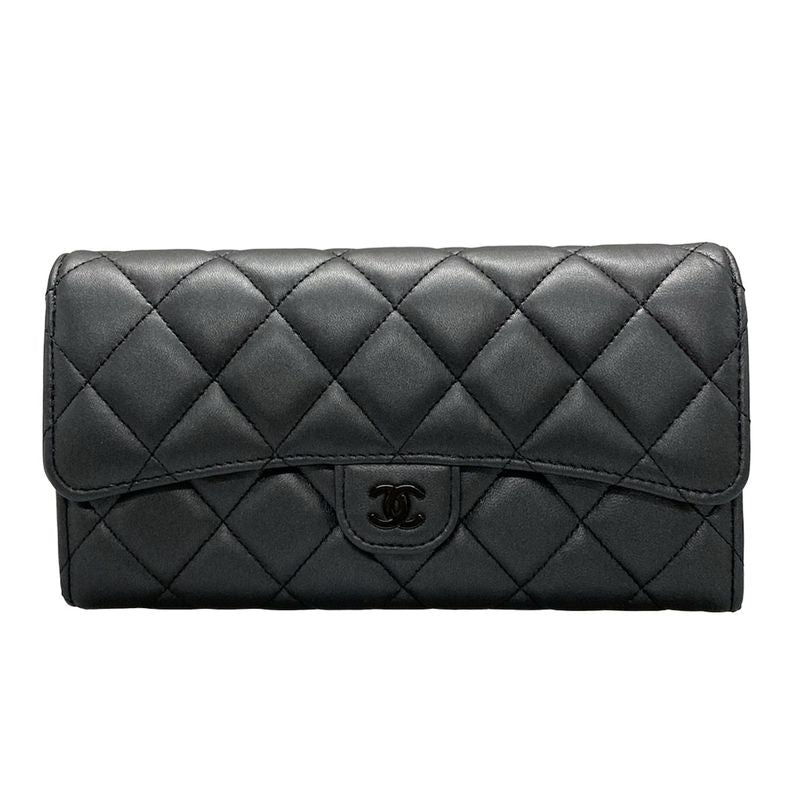 Chanel Long Wallet Matelasse Ap0241 Black Hardware / Sole Black Lambskin