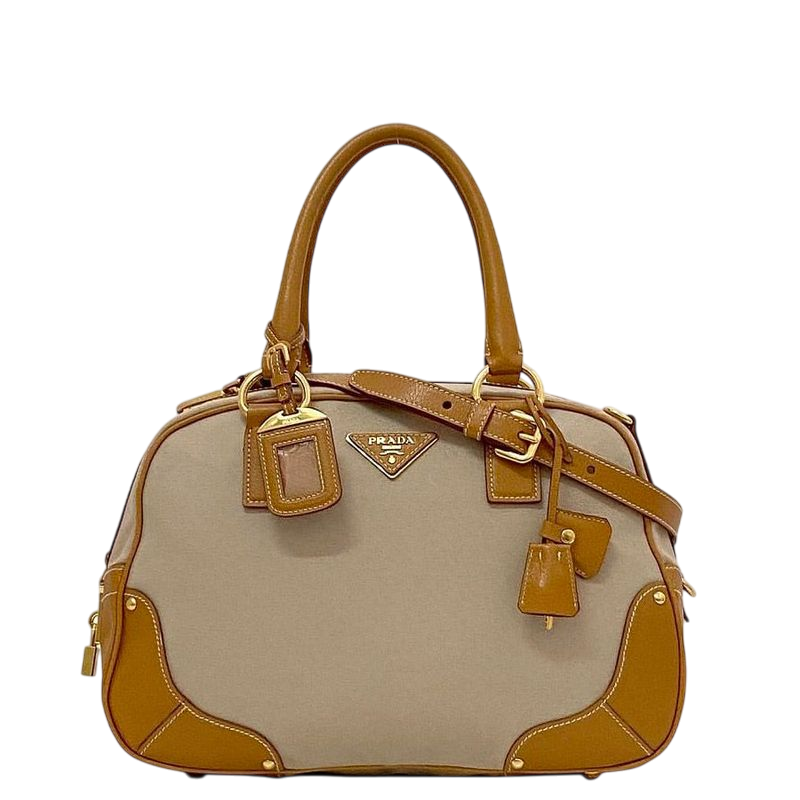 Prada 2way Boston Bag Beige Orange Corda Cuoio