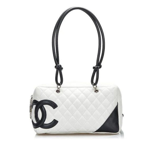 CHANEL Cambon Quilted Ligne Shoulder Bowling Bowler Bag Tote White