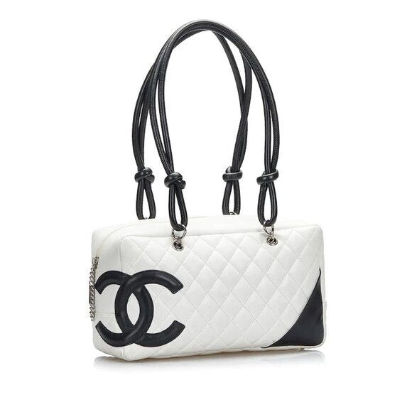 CHANEL Cambon Quilted Ligne Shoulder Bowling Bowler Bag Tote White