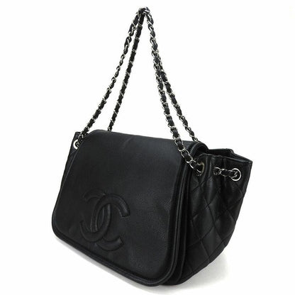 Chanel Shoulder Bag Chain Caviar Leather Black Silver Hardware