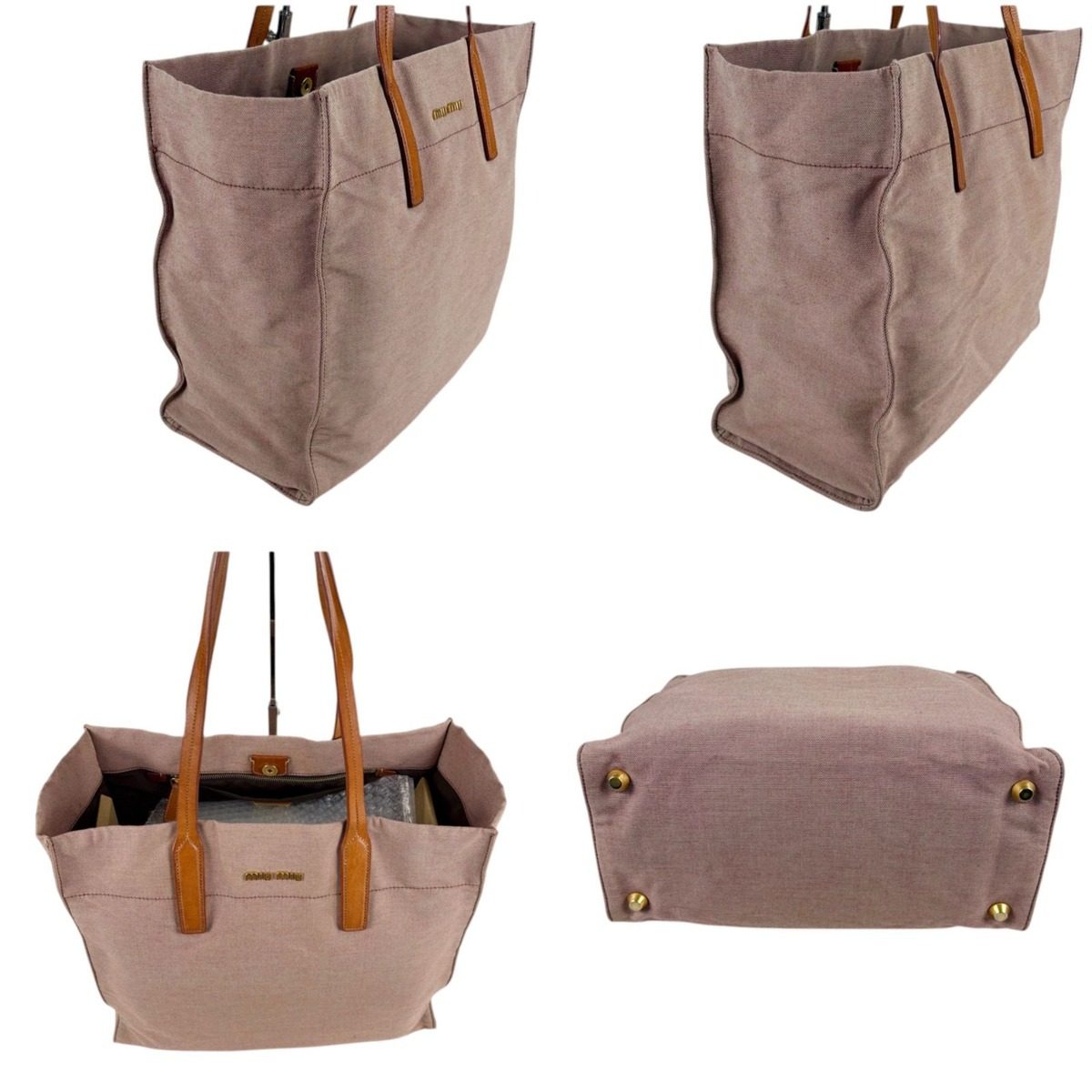 Miu Miu Canvas Tote Leather Handle Red Brown Check Gold Shoulder Bag — view 3
