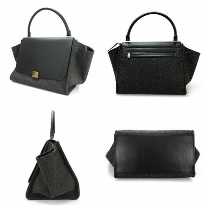 Celine Handbag Trapeze Leather Wool Black Gray