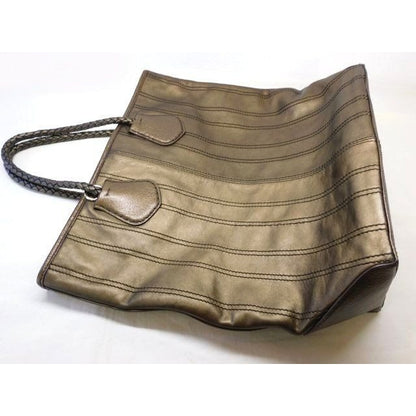Celine Leather Tote Bronze Color Striped Stitch Logo Plate Shoulder Bag — view 3