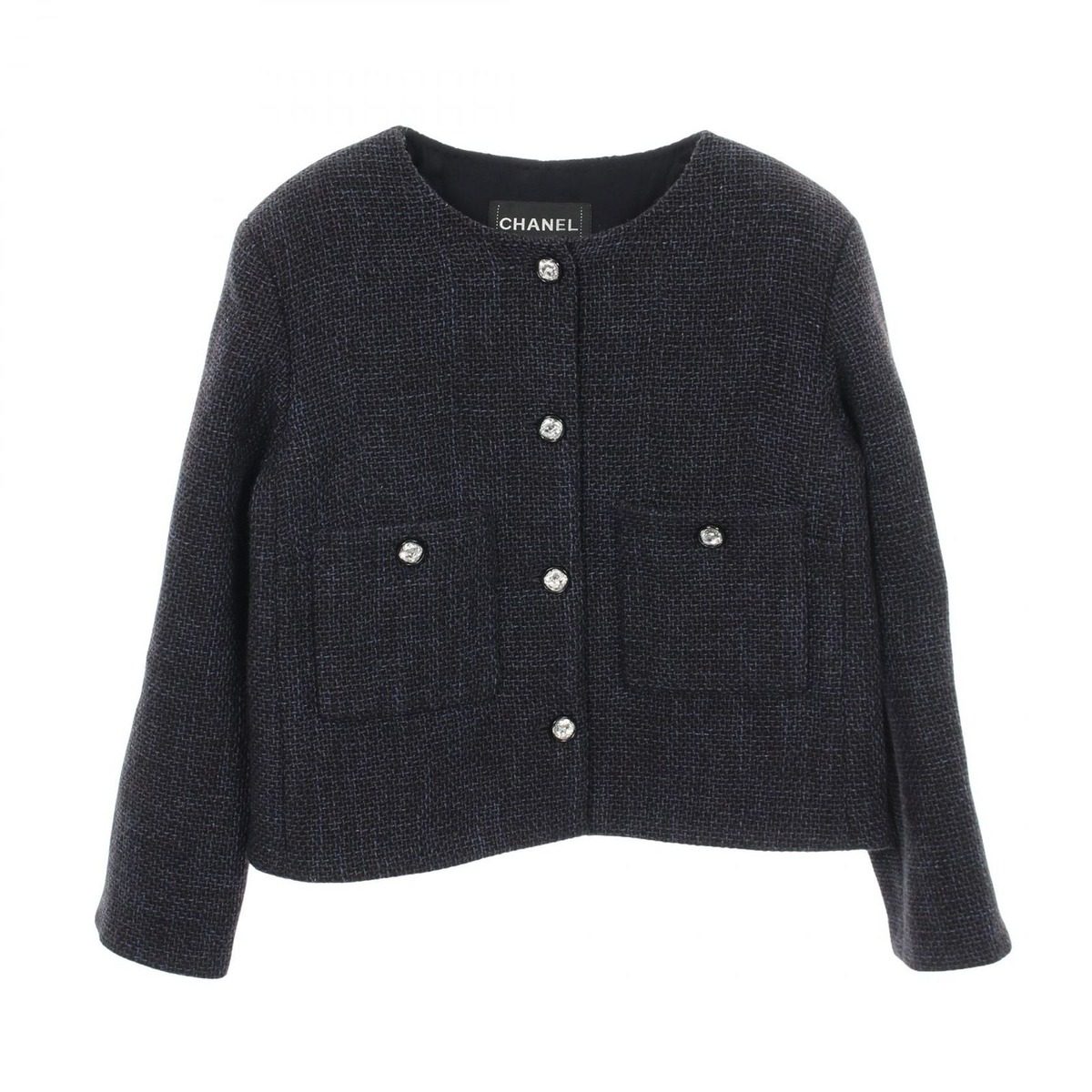 Chanel Collarless Jacket Bijou Button Tweed Wool