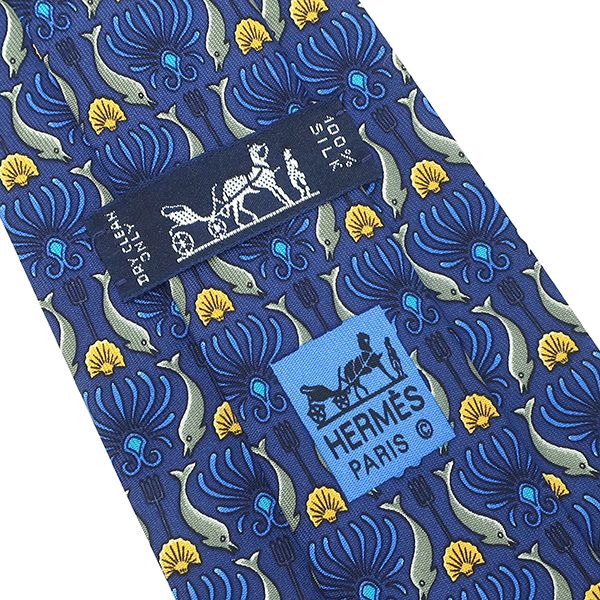 Hermes Necktie with Dolphin Pattern 9cm (3.54in) Silk Blue and Multicolor Blue