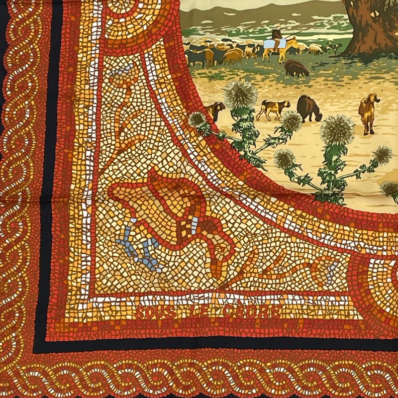 Hermes Carre 90 SOUS LE Cedre Silk Scarf Under Himalayan Cedars Black