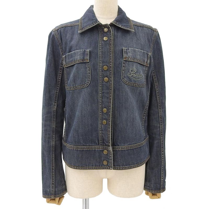 Gucci Western Logo Embroidery Sherry Leather Patch Denim Jacket Damaged 44 S