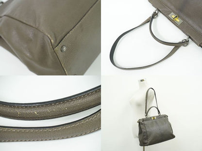 Authentic Fendi Peekaboo 2WAY Shoulder Bag Handbag Leather Grayish 8bn210