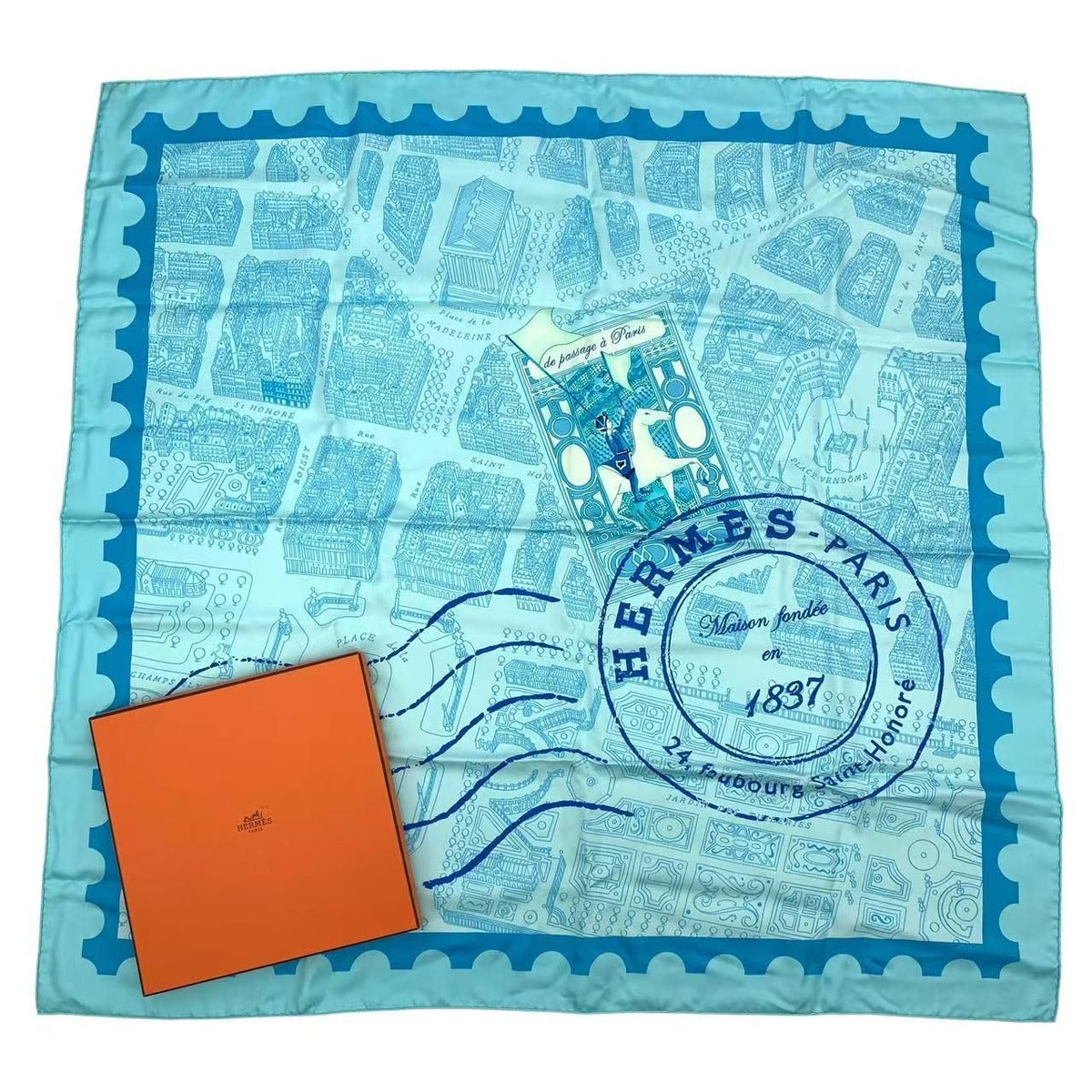 Hermes Carre 90 Silk Scarf de Passage a Paris Blue Box
