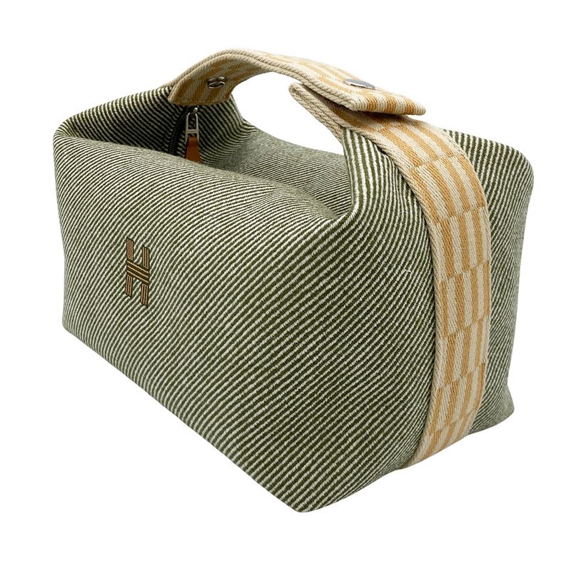 Hermes Brid A Black GM Pouch Wool Cotton Green Handbag For Bath Women