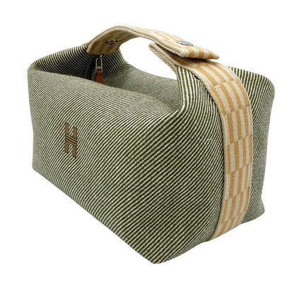 Hermes Brid A Black GM Pouch Wool Cotton Green Handbag For Bath Women